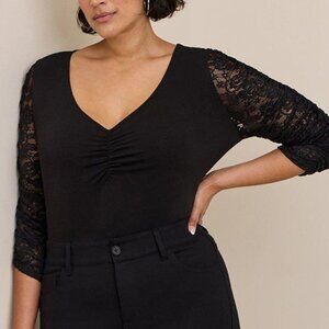 Torrid Studio Crepe V-Neck Ruched Lace Sleeve Top 3x